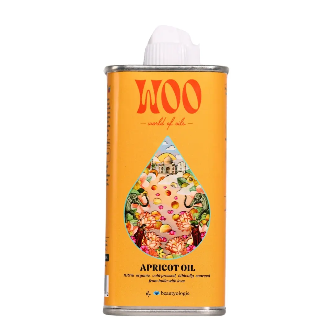 WOO World of Oils Apricot Oil – 100% Organic Cold-Pressed Body Oil for Skin, Hair & Nails | Brightening, Hydrating, Non-Greasy | 3.4 oz TSA-Friendly Tin