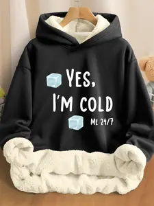 Women's graphic letter ice cube plush fitted hoodie, autumn and winter casual long-sleeved pullover, women's everyday sportswear