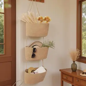 Woven cotton Over the Door Basket, 3-Tier Hanging Storage Organizer,Decorative Nursery Baskets target baskets shelf storage basket small woven basket small storage basket Gift Hook house organizers laundry basket