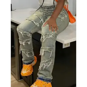 Y2K 90s Street Slant Pocket High Stretchy Distressed Raw Frayed Unique Tassel Design Patchwork Hip Hop Jeans Festival Holiday Fall Clothes For Women