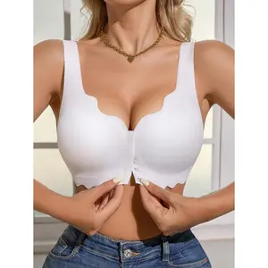1pc Casual-Comfy Front Closure Women Fashion Solid Color Comfortable Front-Open Wirefree Breathable Bra