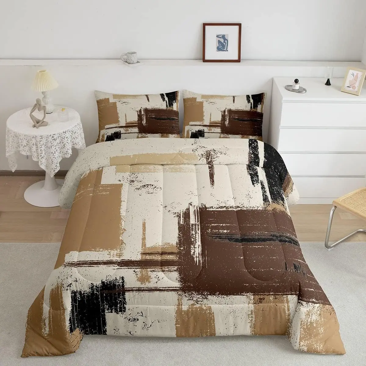 Feelyou Microfiber Comfy Bedding Set - Super Soft Geometric Abstract Luxury Comforter, Grey Brown Black Duvet, Modern Art Room Decor, Breathable Quilt Set