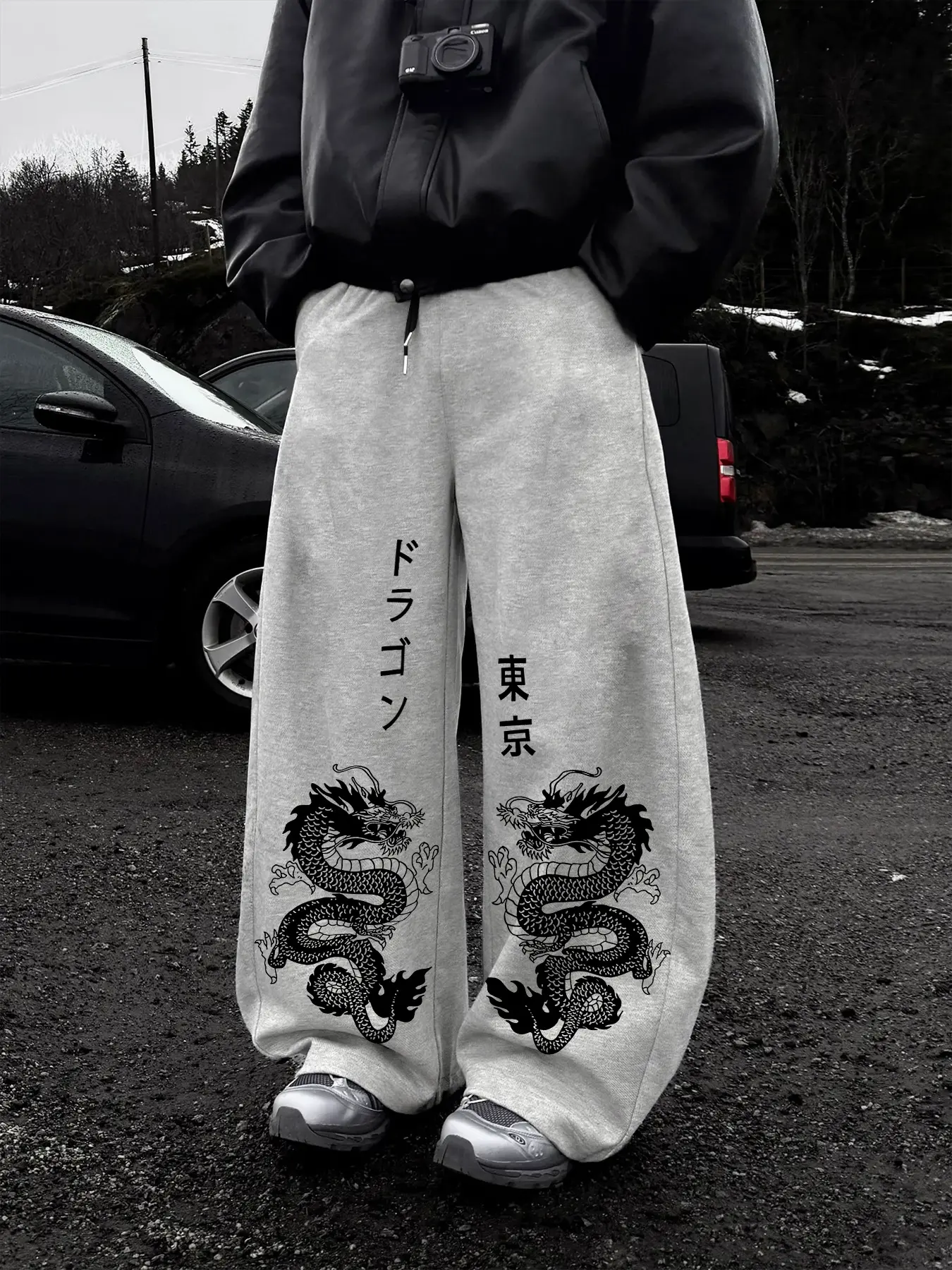 Men's Dragon Print Drawstring Waist Sport Pants, Casual Gothic Joggers, Loose Fit, All Seasons, Unisex, Daily Wear, Baggy Jogging Pants
