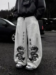 Men's Dragon Print Drawstring Waist Sport Pants, Casual Gothic Joggers, Loose Fit, All Seasons, Unisex, Daily Wear, Baggy Jogging Pants
