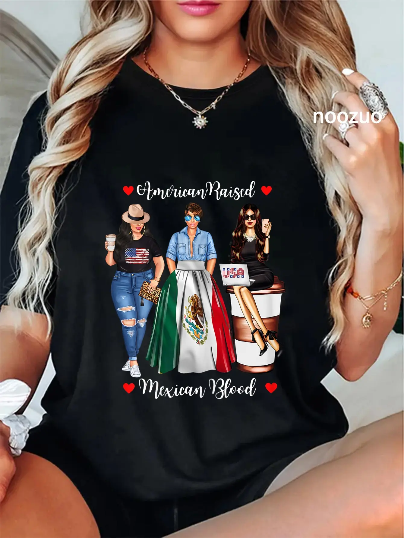 Women's 100% Cotton Short-Sleeve Round Neck Patriotic Graphic Print Vintage Streetwear T-Shirt - Casual Everyday Top with USA-Mexico Flags, Wide Range of Sizes
