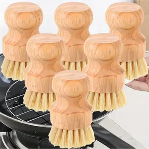 6 Pieces Bamboo Scrub Brush Palm and Sisal Pot Brush Set, Durable Wood Kitchen Dish Brush, Multifunctional Mini Cleaning Kit for Cleaning Pots, Dishes, Sinks, Fruits and Vegetables
