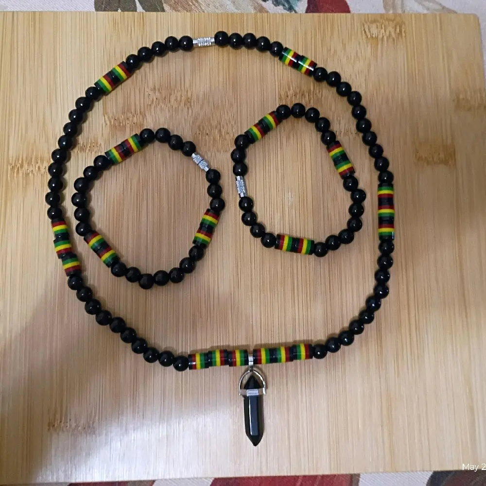Black Handmade Beads Rasta Color Necklace Bracelet Set with natura stone l Pendant - Perfect for Gift