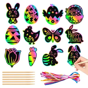 24PCS Easter Scratch Cards DIY Magic Rainbow Color Scratch Art Sets Easter Crafts Fun Spring Classroom Art Activities Spring Hanging Ornaments Basket Stuffers Party Supplies Gifts