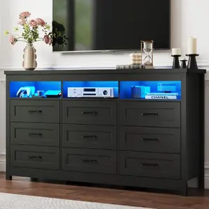 Farmhouse 9 Drawers/12 Drawers Dresser with LED Lights, 63"/71" Wide Large Chest of Drawers for Bedroom, Modern Wood Dresser Storage Organizer with Charging Station for Living Room, Bedroom, Hallway, Black/Beige