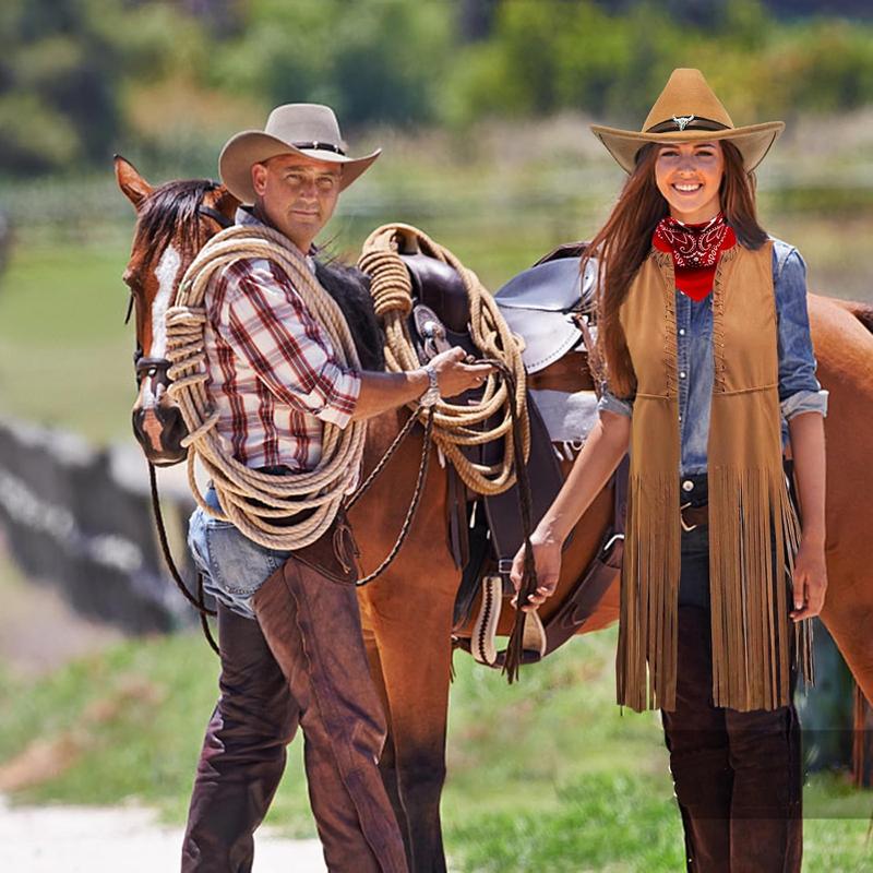 Western Cowgirl Outfits for Women Cowgirl Fringe Vest Cowboy Hat Necklace Bandana,70s Hippie Costume for Halloween