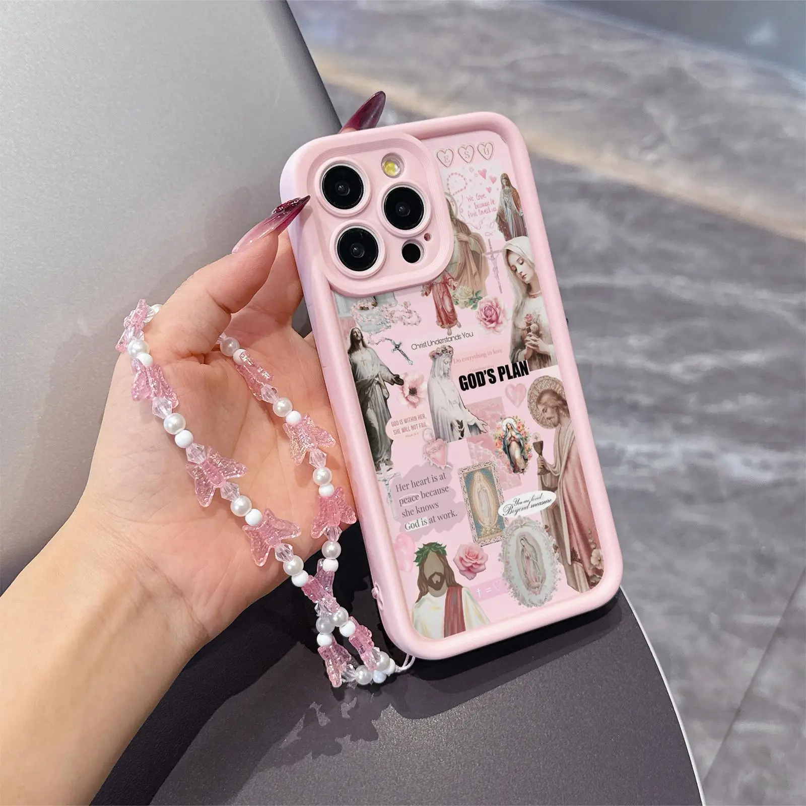 2 Piece Set: Bamboo Butterfly Cellphone Lanyard, Tpu Shockproof Protective Case Cover with Virgin Mary and Jesus Christian Design, Fits iPhone Models 6-16 Pro Max, Gift for Couples and Teens, Accessories, Shockproof Cellphone Accessory