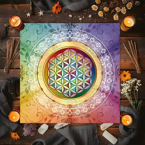 Colourful Flower of Life Design Square Tarot Tablecloth, Vintage home decor Altar Cloth Multiple Sizes Polyester Fabric, Easy to Clean and Maintain Decorative Divination Cloth for Spreads & Rituals Gift for family and friends