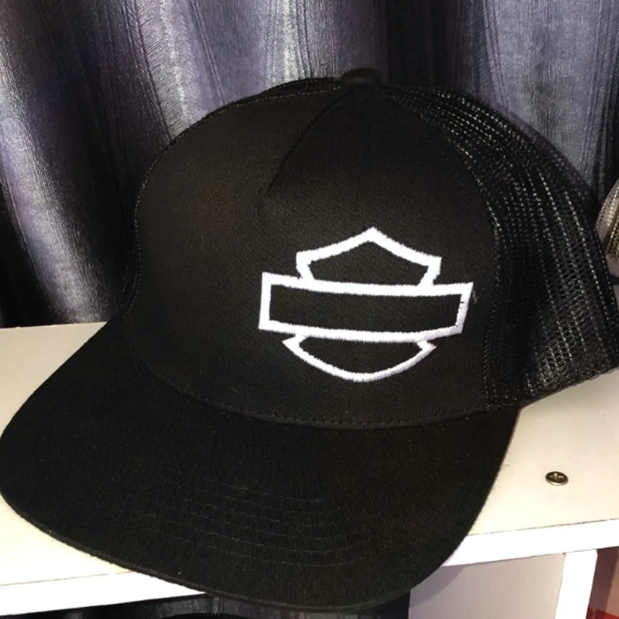 Motor Flat Bill Trucker Mesh Black Silver Gray Shield Snapback Hat | Biker Style Hat | Motorcycle Rider Cap | Embroidered Shield Snapback | Men Women Adjustable Trucker Hat | Outdoor Casual Flat Bill Cap