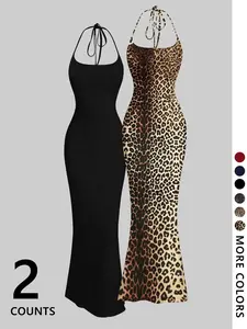 2 pieces of leopard print halter and floor-length fitted skirt - stretch fabric, back strap design, multiple color options #DateNightOOTD, #CoquetteAesthetic, #Y2KRevival Fashion, charming silhouette #SummerVibes! #TikTokFashion #LeopardPrintDress