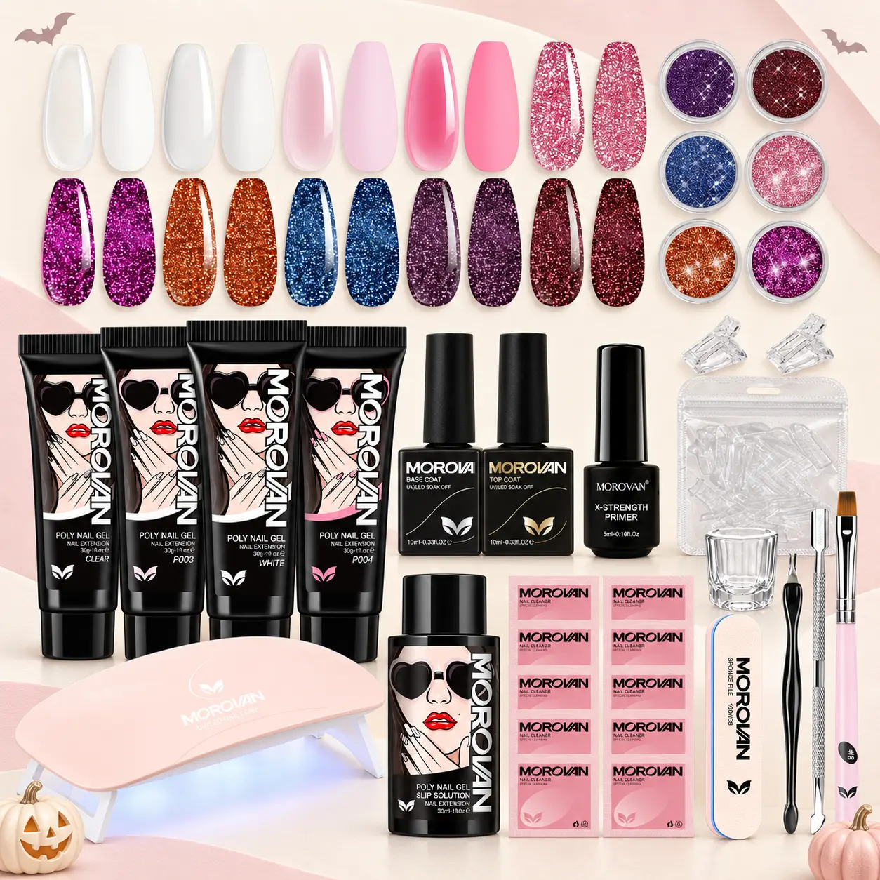 Morovan Glossy Lightweight Poly Gel Nail Extension Kit - UV LED Lamp, Slip Solution, Primer, Base & Top Coat, Glitter Powder, Dual Forms, Stickers - Nail Care Gelpolish Set for Adult Middle Users, Almond Shape DIY Manicure Gift for Home Salon Beginners