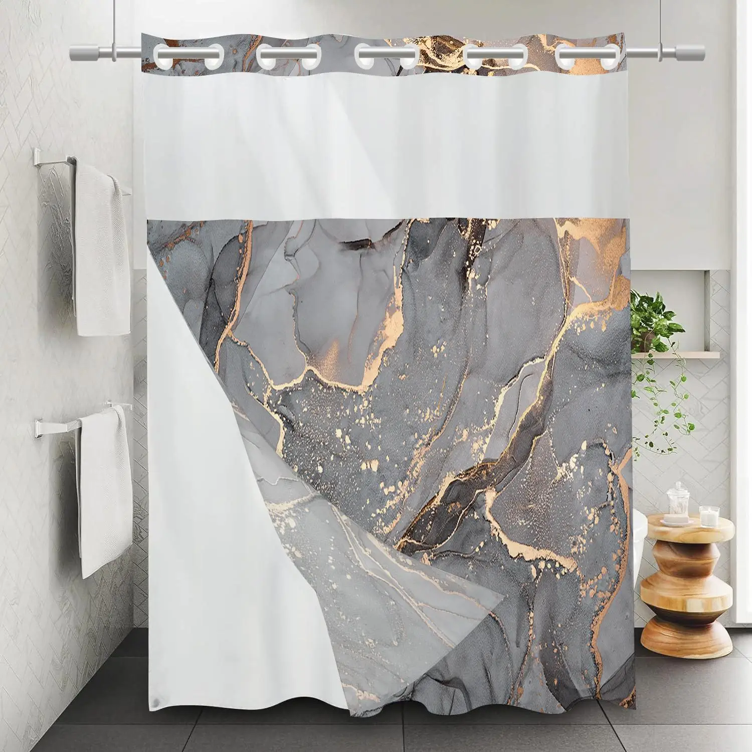Marble Pattern Shower Curtain Set, Waterproof Hook Free Design Shower Curtain, Bathroom Supplies for Home Decor