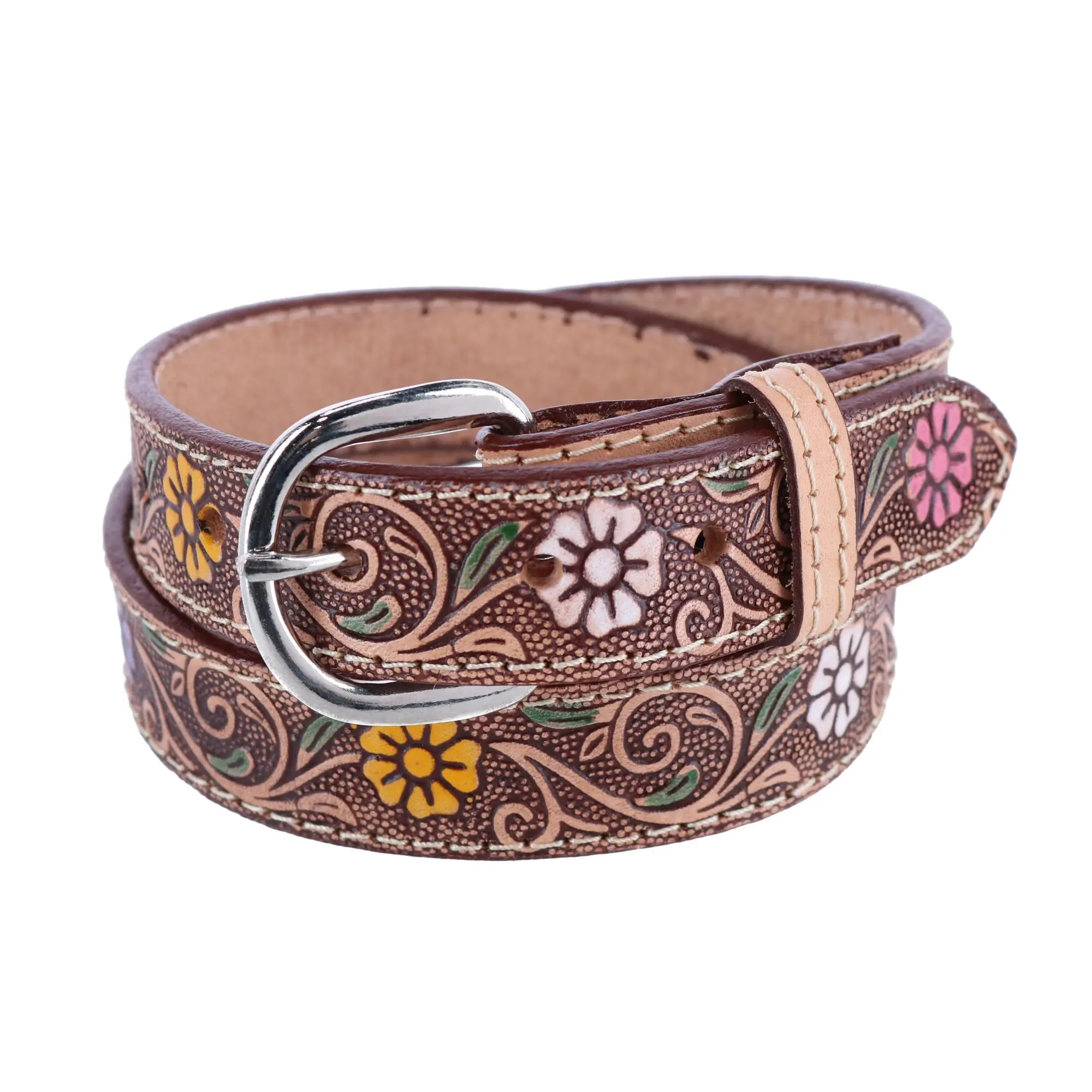 CTM Girls' 1-Inch Floral Embossed Belt with Buckle, Casual Jean Accessory