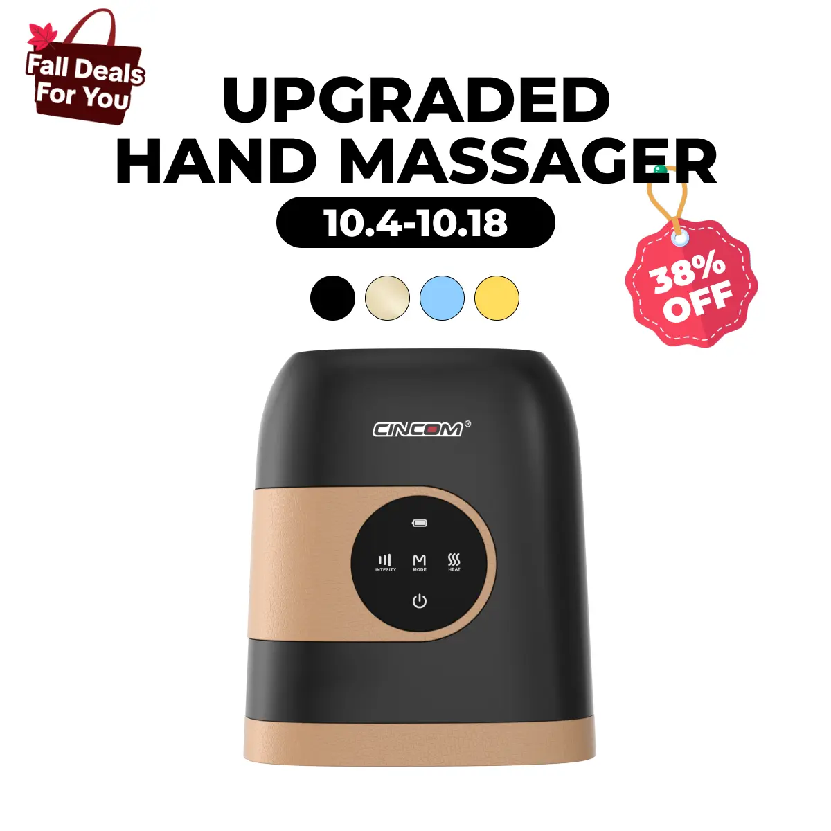 CINCOM Upgraded Battery Powered Cordless Rechargeable Hand Massager (Black) - Built-in Heat for Cold Hands Relief & Aches Easing, Ideal Gift for Loved Ones, Dorm Essential, Cordless Rechargeable Massagers