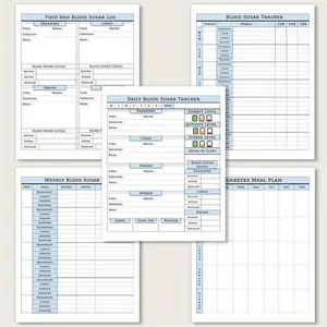 5-Pack Diabetes Management Charts - Blood Sugar & Meal Tracker, Diabetic Diet Planning, Blood Glucose Log, Food Intake Record Sheets - UV Resistant Ink, Premium Semi-Gloss Paper