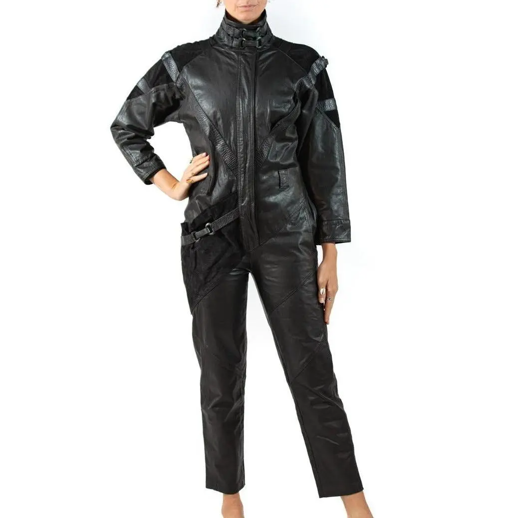 1980S Black Leather Flight Jumpsuit