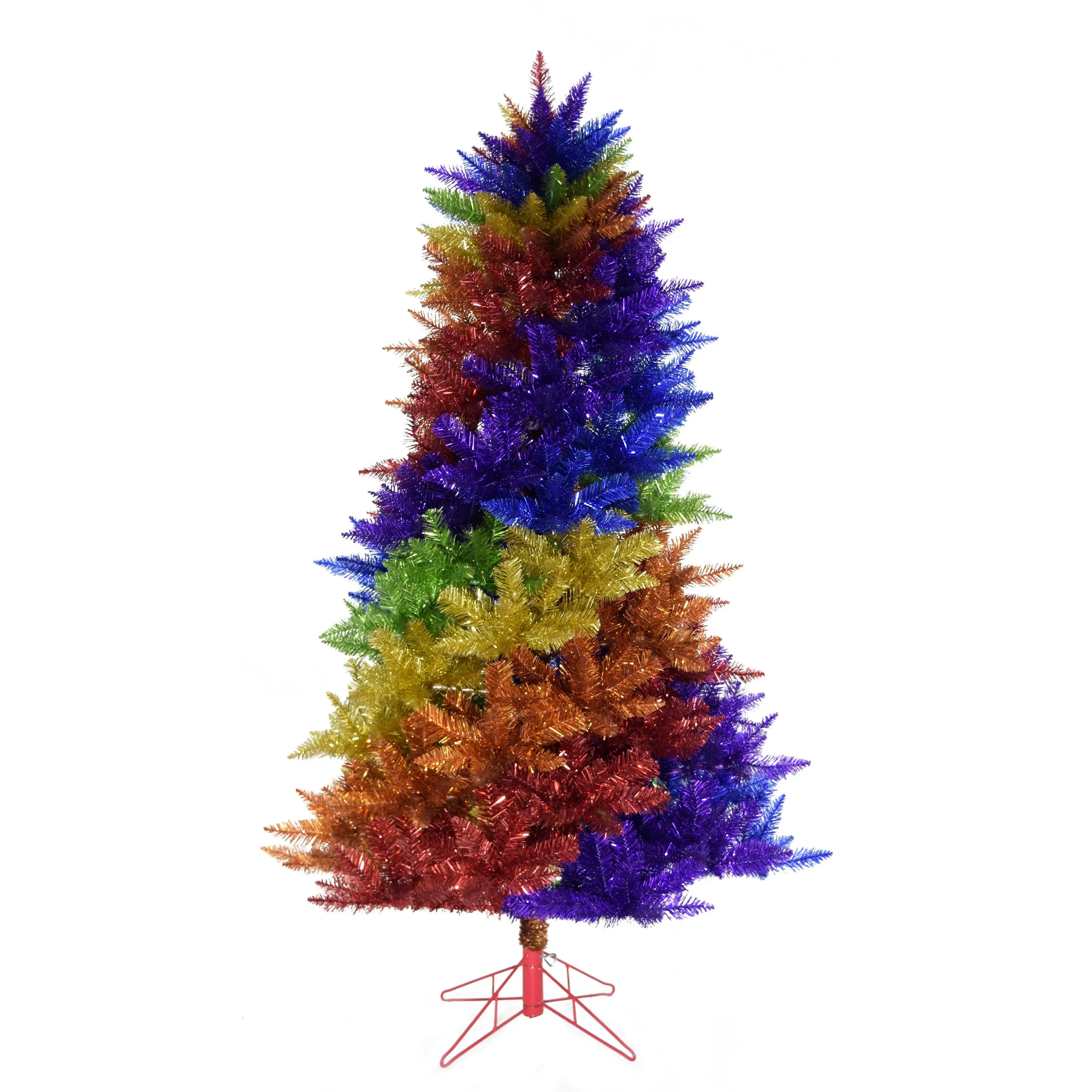 Perfect Holiday Rainbow Swirl Tinsel Christmas Tree Colorful Holiday Décor with Red Metal Stand 6.5FT