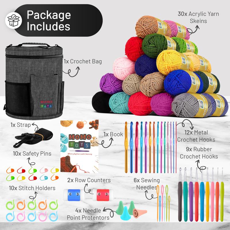 MOMOTOYS Beginner Crochet Kit w/ 130 Page Book, Crochet Yarn Set, Crochet Hook Kit & Crochet Needle Kit - Crocheting Kits for Beginners, Adults & Kids