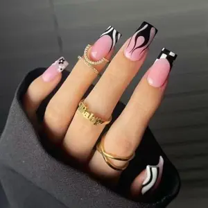 French Fake Nails Black Flame False Nails 24pcs Glossy Nude Medium Square Press on Nails