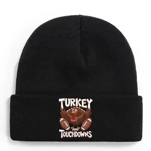 Thanksgiving Turkey and Touchdown Football Knitted Hat - 100% Acrylic Warm Winter Hat with Turkey Football Logo, Unisex Elastic Rolled Edge Design - Fan Gift, Turkey Bowl (Black)