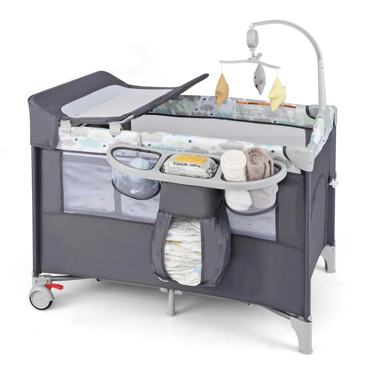 5-in-1 Pack and Play, Portable Baby Bedside Sleeper with Bassinet, U-Shaped Diaper Changer, Safety Strap, Side Zipper Entrance, Foldable Bedside Crib Playard for Newborn to Toddlers