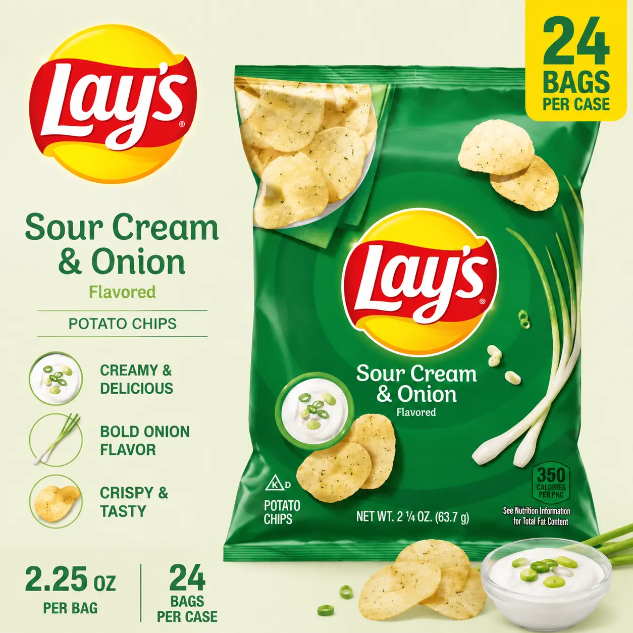 Lay's Sour Cream and Onion Potato Chips 2.25 oz 24 Count Extra Large Snack Bags