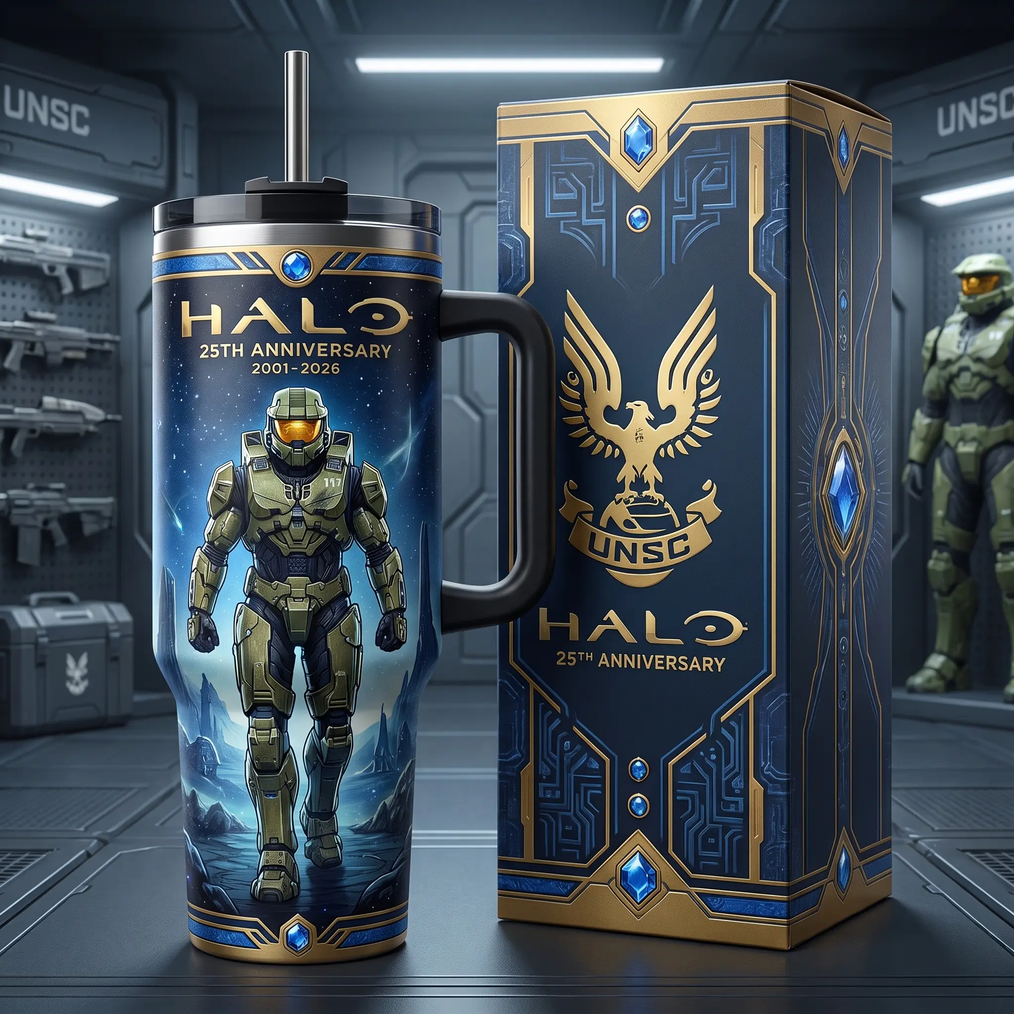 Halo 25th Anniversary Tumbler with Handle, 40oz Insulated Stainless Steel Travel Mug Straw, Master Chief Cortana UNSC Spartan 117 Car Cup, Sci-Fi Video Game Gamer Collector Edition Birthday Christmas Merchandise Gift Idea for Video Game Fans