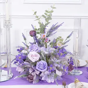 A8967 2pcs Purple Lavender Rose Table Centerpiece Floor Flower Wedding Decor Props Silk Eucalyptus Handmade Ornaments for Events