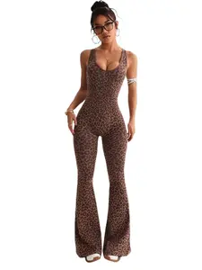 Women's Leopard Print Backless Yoga Romper, Sexy Cross Back Seamless Jumpsuit, Casual Fitness Running Gym Wear, New Arrival, Sporty Comfy Jumpsuit