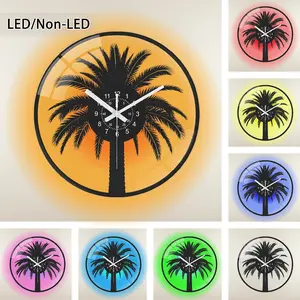Vintage Vinyl Record Style Wall Clock, Round Transparent Glass, Palm Tree Outline, Optional LED Color Lighting, Home Decor