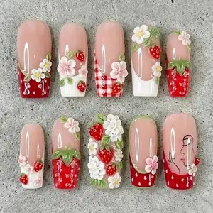 Spring Garden Press On Nails | 3D Butterfly Ladybug Daisy | Pink Green Swirl Pearl | Nature Floral Long Square Fake Nails Gift