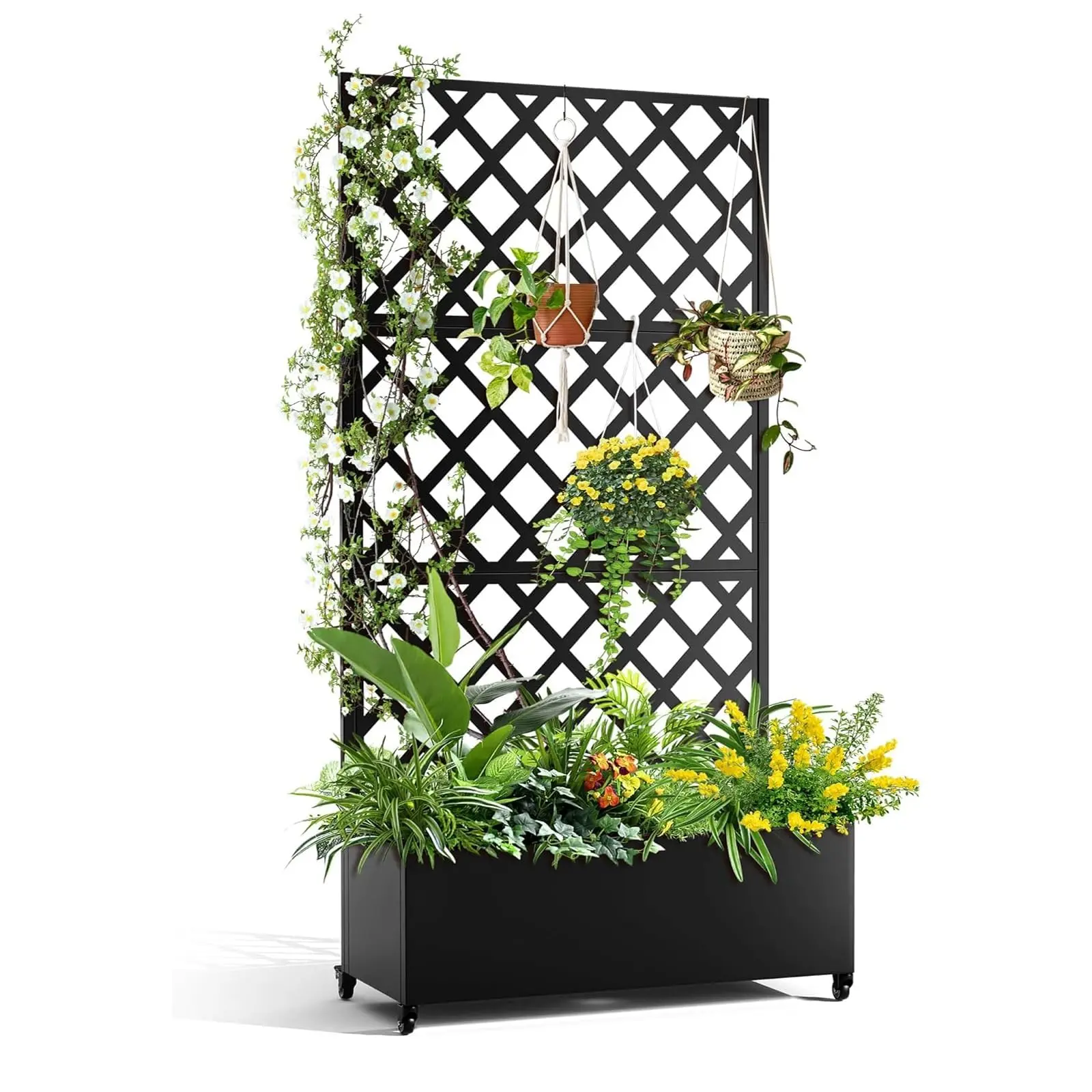 Garvee Galvanized Metal Planter Box with Diamond Lattice Trellis - Compact Design Deep Bed with Drainage Holes for Climbing Plants, Wheels for Mobility, Efficient Drainage, Balconies Use (72"x35" Black)