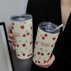 Cherry Pattern Tumbler, Vacuum Insulated Tumbler, 1 Count 20oz Stainless Steel Vacuum Flask, Portable Water Bottle for Office, Home, Outdoor, Car, Drinkware, Containers