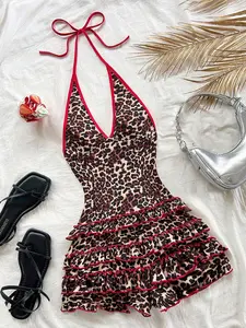 Plus Size Leopard Print Halter Jumpsuit | Vintage Patchwork Ruffle Hem Playsuit | Boho Festival Vacation Outfit