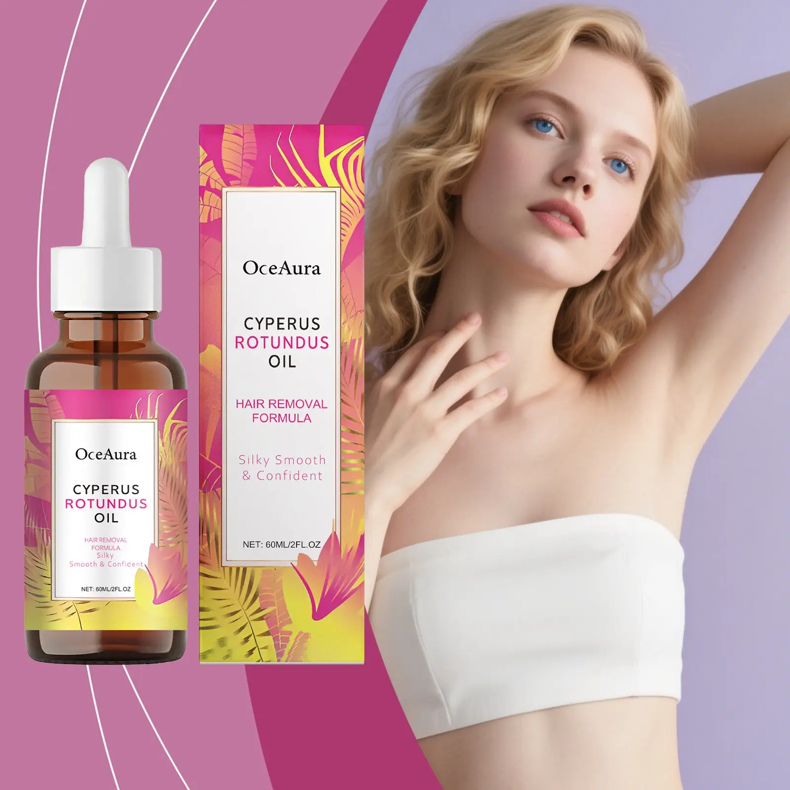 1/2/3PCS OceAura Natural Body Care Hair Removal Solution Oil & Inhibitor Cyperus Rotundus Oil to Slow Body Hair Growth for Women & Men, Soothes Skin, Gentle, Smooth, 60ml/180ml, All Skin Types