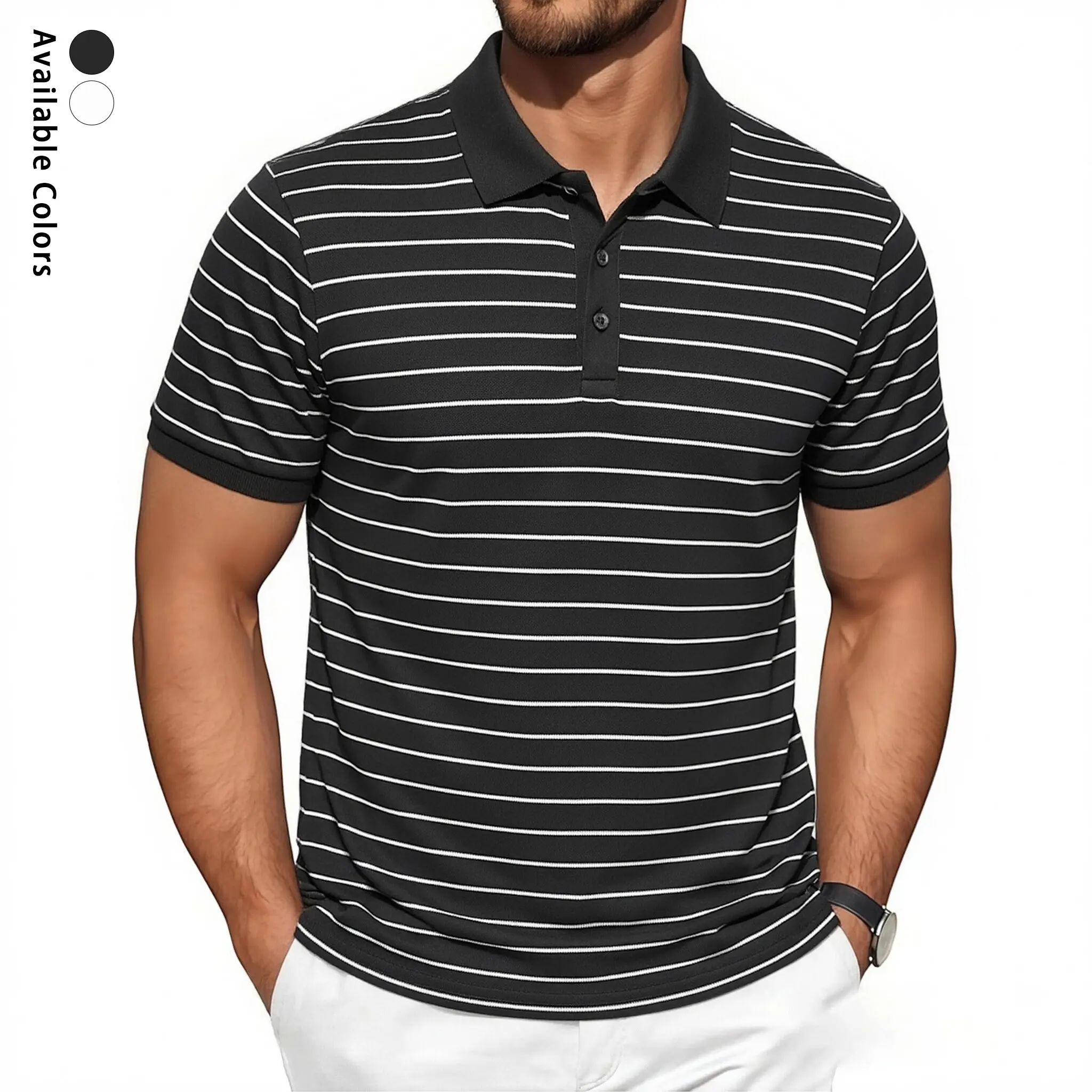 Classic Horizontal Stripe Men’s Polo Shirt, Slim Fit, Buttoned Collar, Short Sleeve, Breathable Casual Business Top