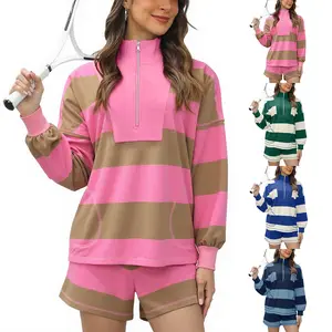 Buenoble Women Striped Workout Set Two Piece Outfit Tracksuit Oversized Lounge Set Long Sleeve Top and Shorts Sets with Pocket