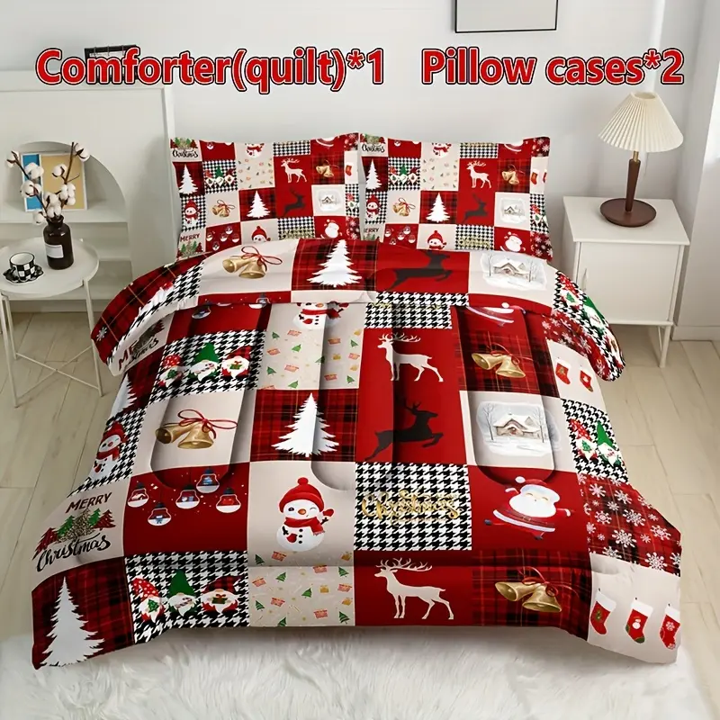 3PCS Holiday Patchwork Plaid Christmas Reindeer Print Quilt Set (1 Quilt + 2 Pillowcases Without Pillow Insert), Includes 180gsm Quilted Soft Breathable Digital Print for Bedroom Dormitory Home Use