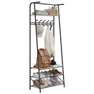 Shoe Rack with Coat Rack, Coat Stand with Bench, Hallway Coat Rack, Wooden and Metal Frame, with 5 Hooks, a Clothes Rail, for Hallway, Entrance, Bathroom (117.8 x 36.5 x 64 cm, Grey)