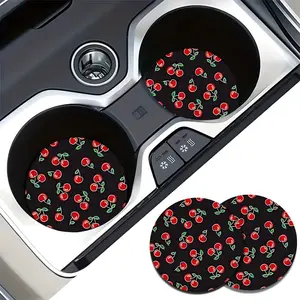 2pcs Cherry Design Non-Slip Heat Resistant Car Cup Holder Coasters - Rubber Drink Mats for Auto Interior, Office Desk & Table, Auto Accessories | Cherry Pattern | Rubber Coasters