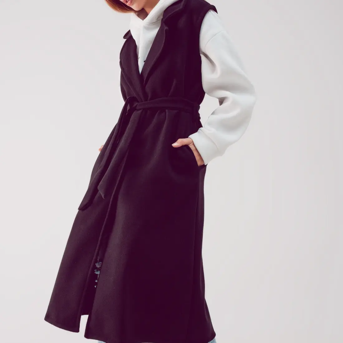 Black Longline Belted Vest