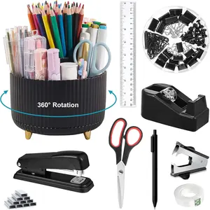 Office Desk Accessories, Black Office Supplies 360?Pen Holder Desk Organizers And Accessories with Tape Dispenser, Stapler, Staple Remover, 1000 Staples, Tape, Clips Set, Ruler, Scissor, Pen