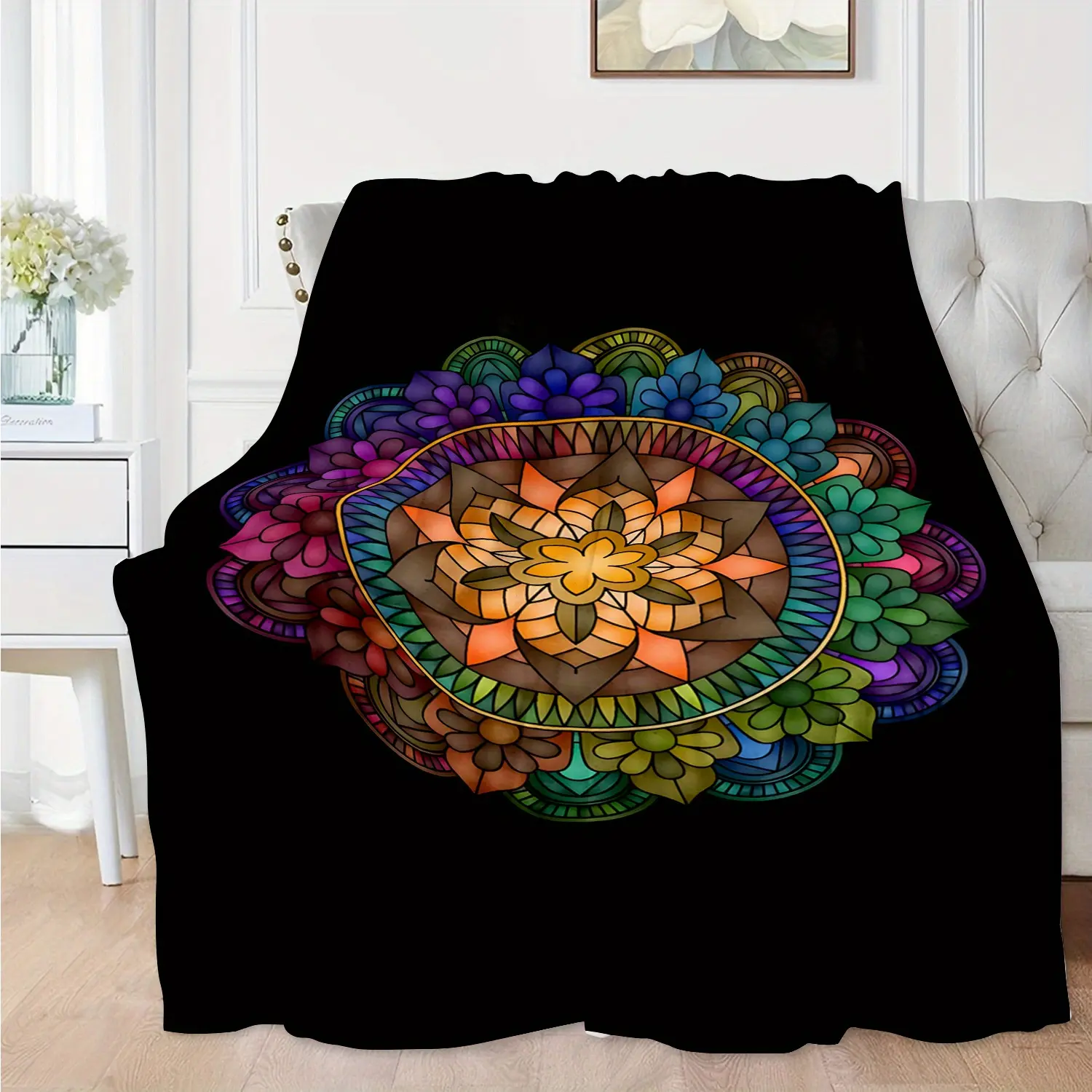 Indian Style Pattern Flannel Blanket - Soft, Warm, Double-Sided, All-Season Comfortable Sofa and Bed Sheet, Lightweight and Easy to Maintain, Digital Printing, 200-250 grams per square meter, Modern Style - Polyester, Knitted