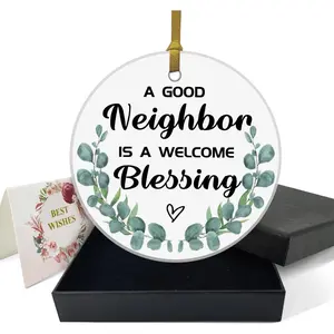 Funny Neighbor Gifts, A Good Neighbor is A Welcome Blessing Ceramic Plaque Keepsake, Christmas Birthday Ornament for Women Men , 3" Round Ceramic Ornament with  Ribbon &  Box