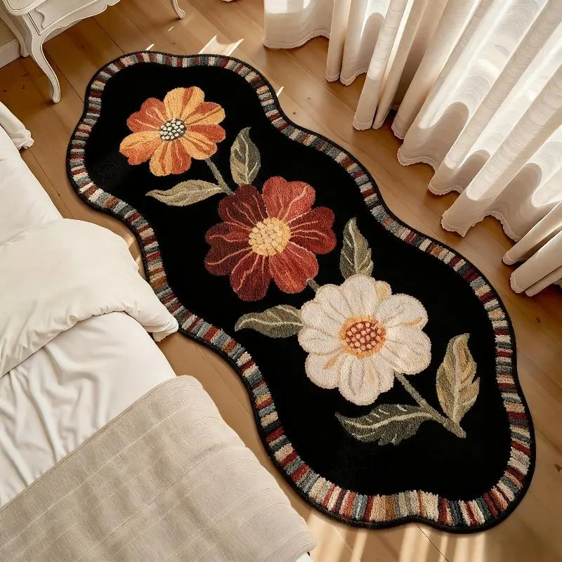 Irregular Shaped Retro American Bedside - Soft Machine-Washable Black Carpet Suitable for Kitchen, Living Room, Bay Window Floor, Modern Floor Mat with Suitable for Cloakroom, Narrow Hallway, Entryway,