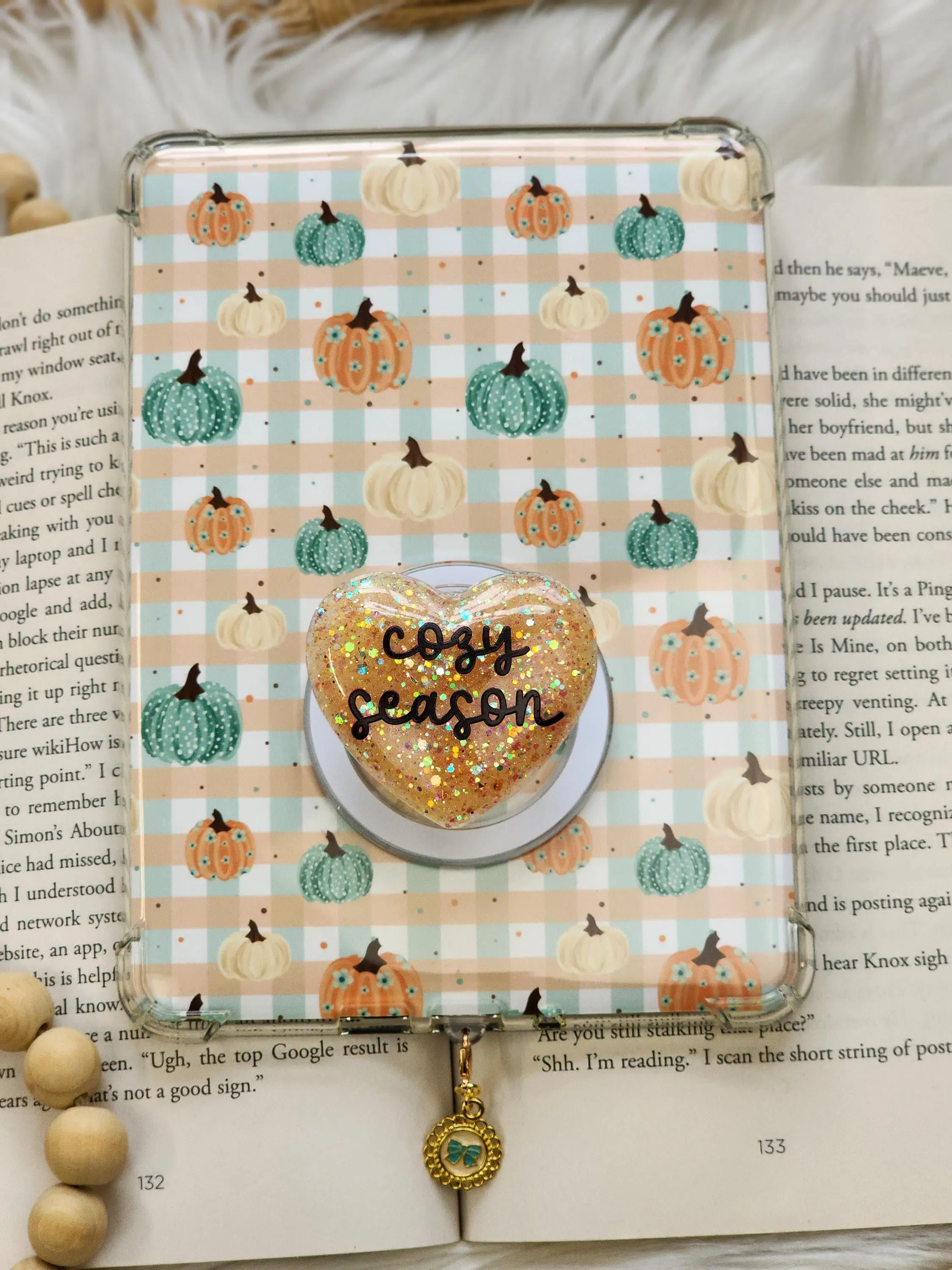 Kindle Accessories Set | Cozy Season Peachy Teal Pumpkins | Insert, Grip & Charm
